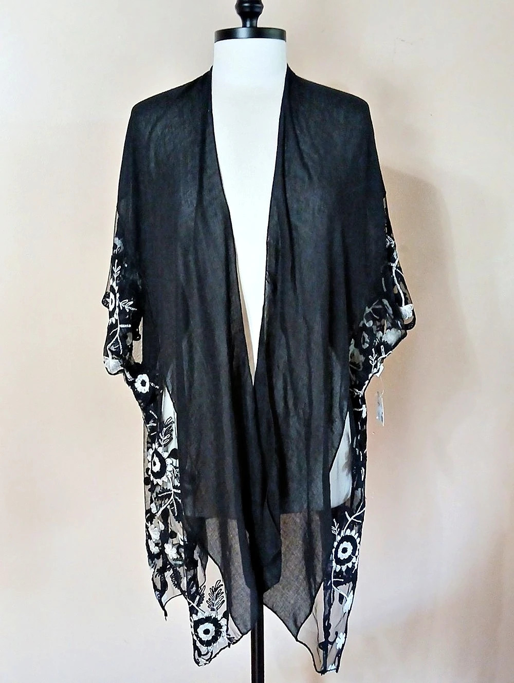 She + Sky Embroidered Mesh Long Kimono Cardigan Black & White